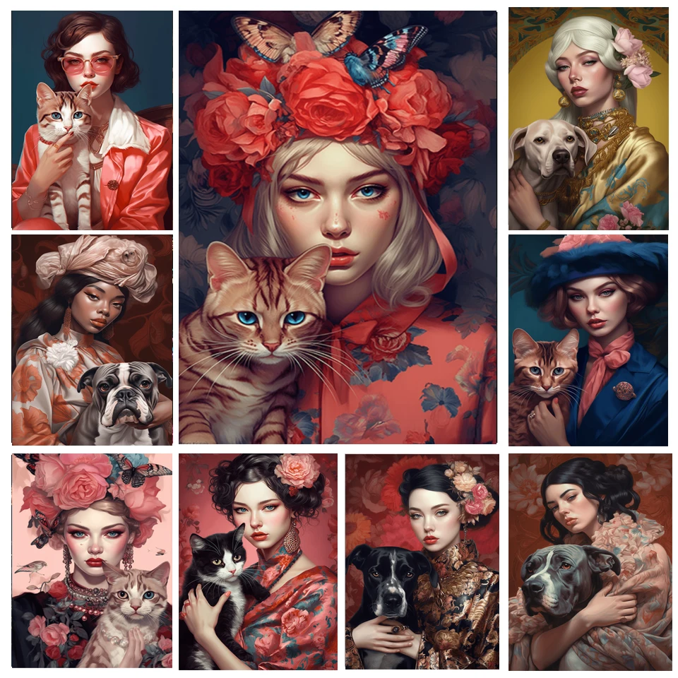 New 2023 Diamond Painting Europe Woman With Cat Dog Wall Art Full Square Round Drill Flowers Girl Mosaic Diamond Embroidery W44