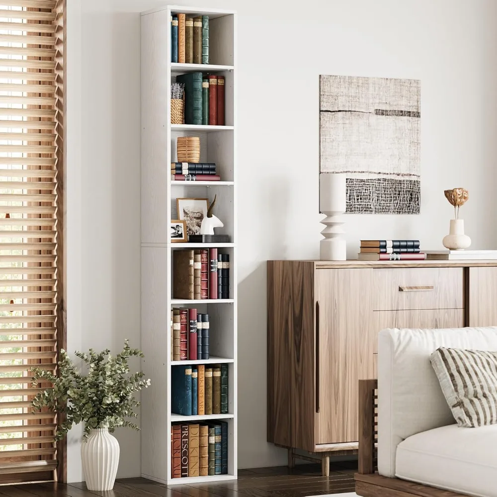 Tall Narrow Bookshelf 8 Tiers, Compact Corner Bookcase, Easy to Match for Living Room, Office, Study, Bedroom, White