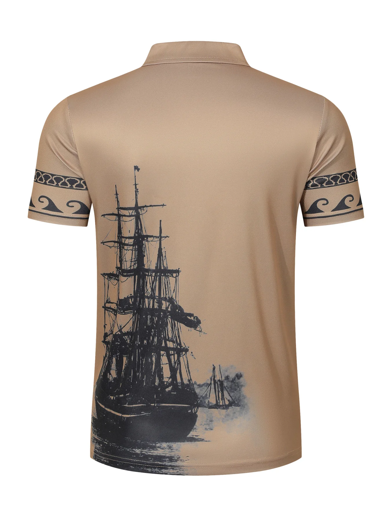Men's Nautical Sailboat Compass Print Short Sleeve Polo Shirt, Wave Pattern Cuff Casual Summer Breathable Golf T Shirts