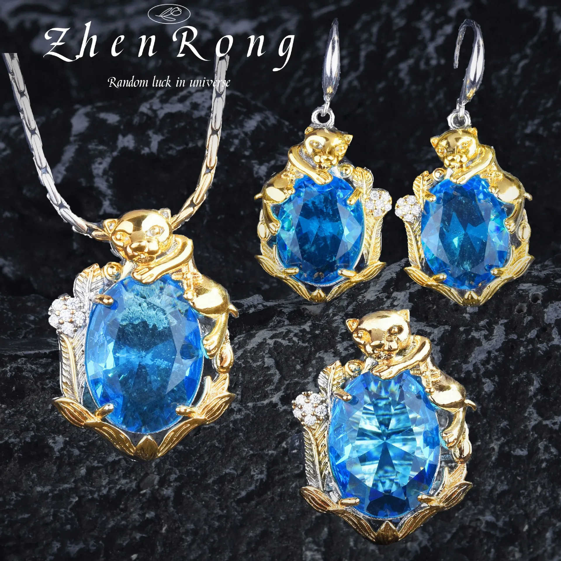 

Foydjew Vintage Two-color Leopard Design Jewelry Sets Simulation Topaz Blue Aquamarine Pendant Necklaces Drop Earrings Rings