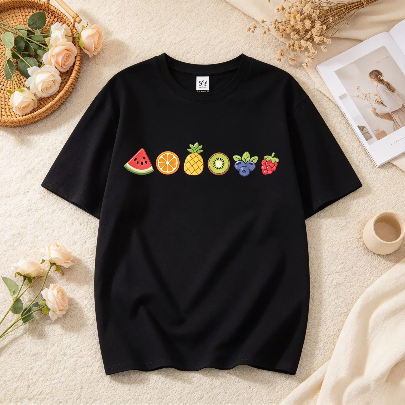 Women Cute Mixed Fruit Graphic T‑Shirt Watermelon Orange Pineapple Kiwi Blueberry Raspberry Print Short Sleeve Summer Casual Top