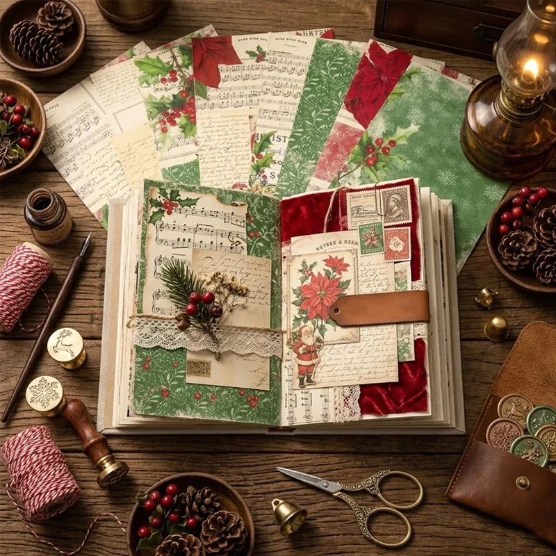 Retro Winter Holiday Musical Script Botanical Pattern Junk Journal Paper DIY Decoupage Scrapbooking Cardmaking Album Collage
