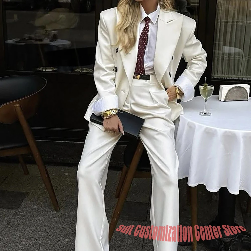

White Double Breasted Peaked Lapel Suit New Women's Jackets Elegant Blazer+Pants Set Formal Business Office Traf Outerwears