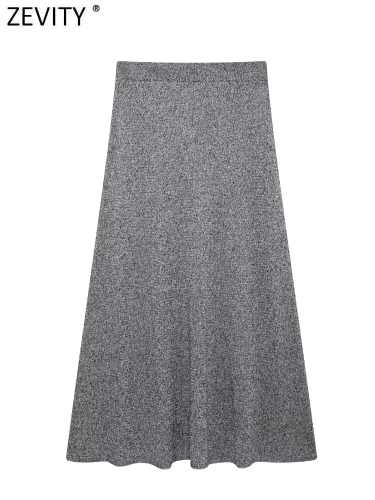 ZEVITY 2024 Women Elegant Grey Color Casual Knitting Flare Midi Skirt Female Slim Brand A Line Skirts Mujer QUN6276