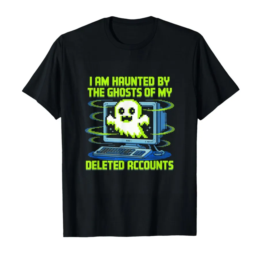 Gamer Ghost Deleted Accounts Retro Pixel Computer Halloween T-shirt For Men Women 100% Cotton T Shirts Short Sleeve Tops 0830-1
