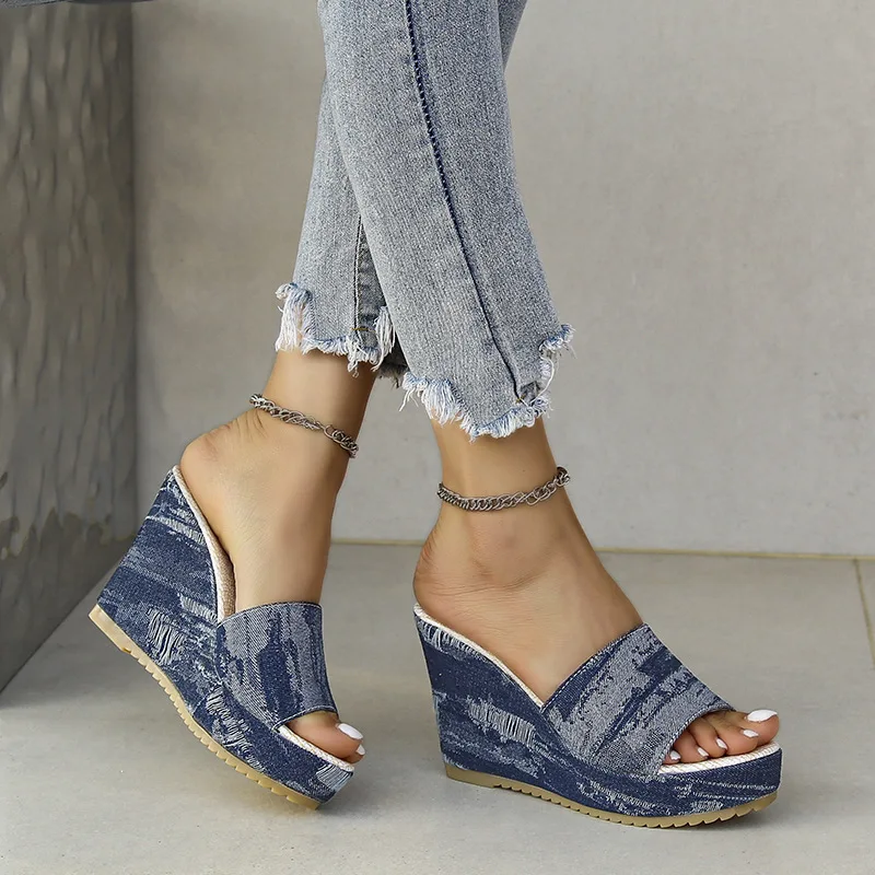Slippers Women Summer Shoes Big Size On A Wedge Pantofle Slides Platform Heeled Mules Fashion Low Denim 2024 High Luxury PU Rome