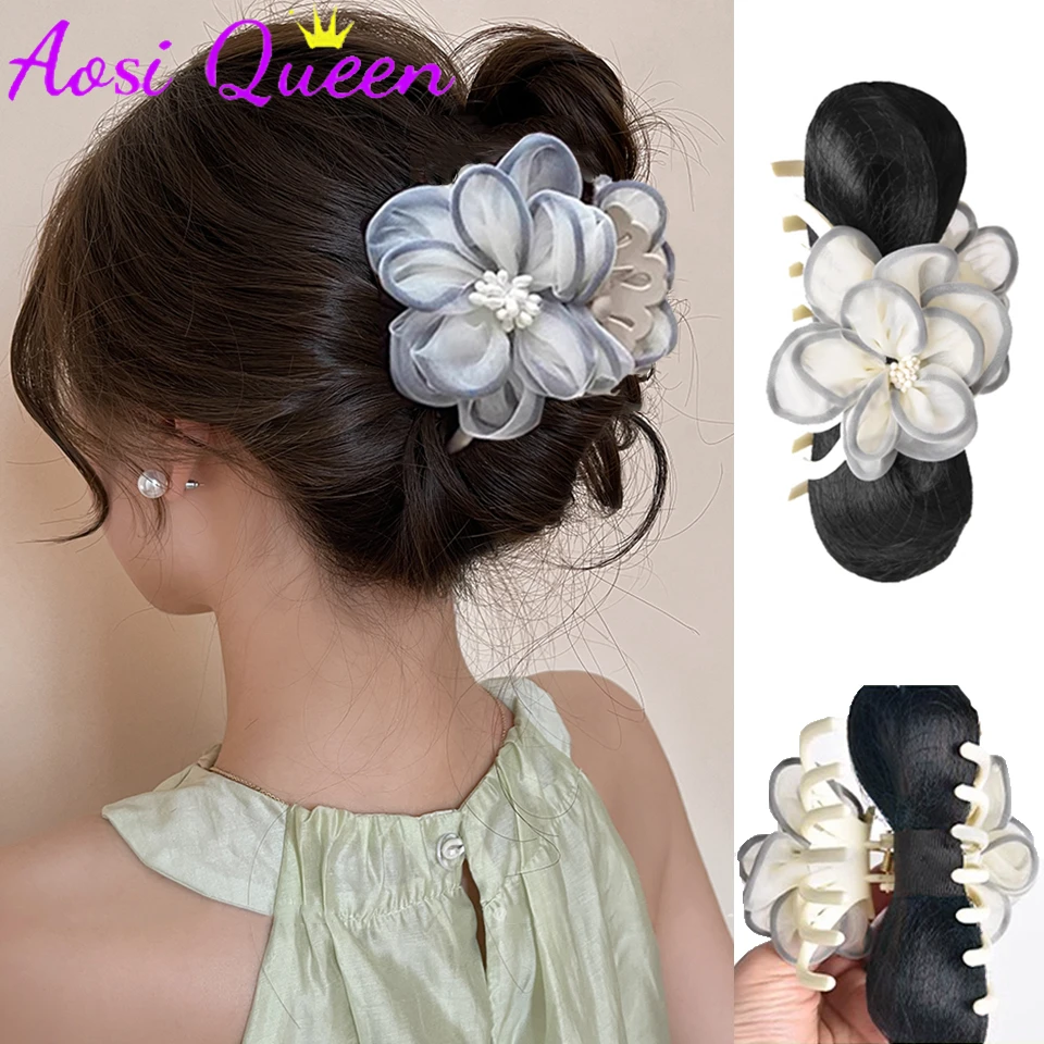 

AOSI Camellia Claw Clip Bun Shuttlecock Head Female Lazy Style Shark Clip Ball Head Ponytail Wig