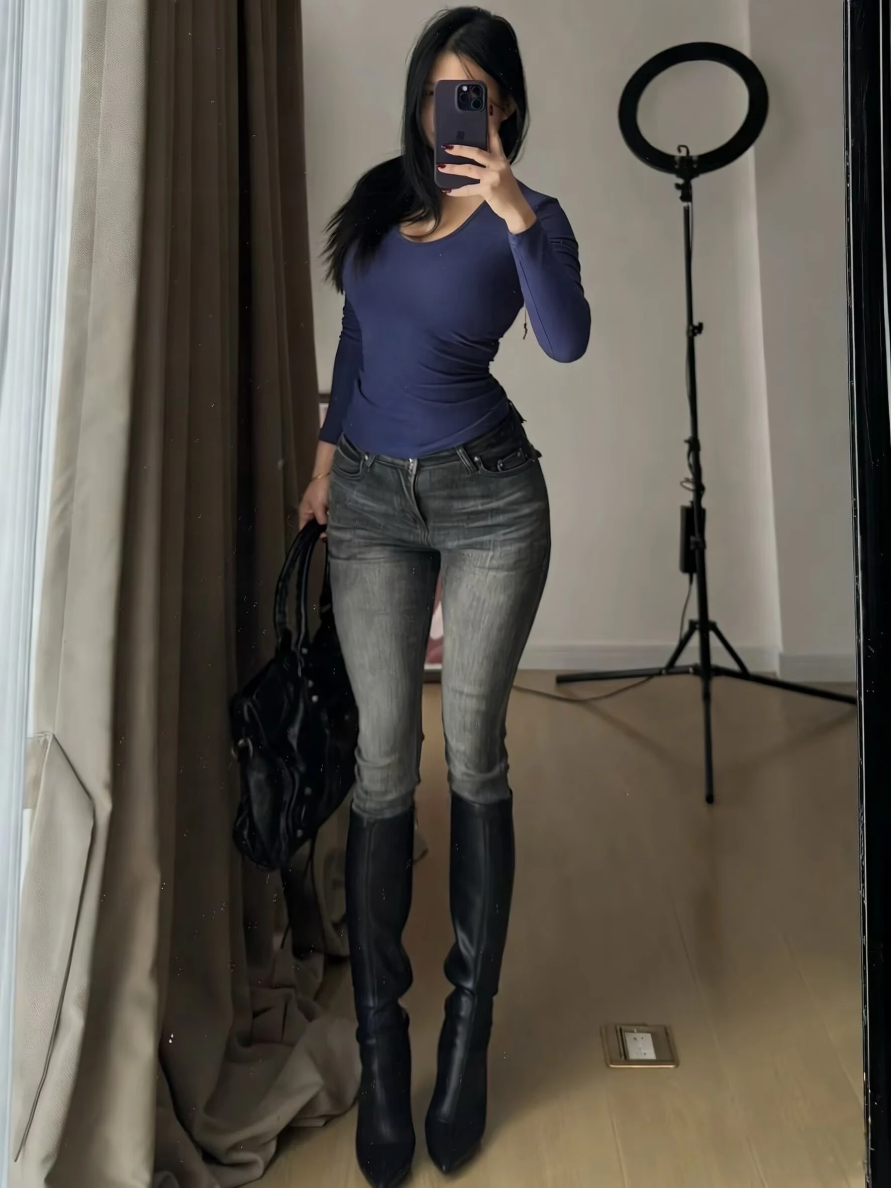 

High Waist Slim Fit Women's Jeans High Waist Bootcut Trousers Casual Sle Cotton Stretch Denim Bla ey Color Blo