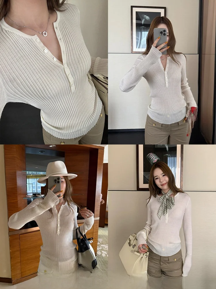 

Вязаная шерстяная футболка Xzichic Yangzi с длинным рукавом, повседневный топ с воротником Хенли, женская модная удобная домашняя одежда, женская футболка