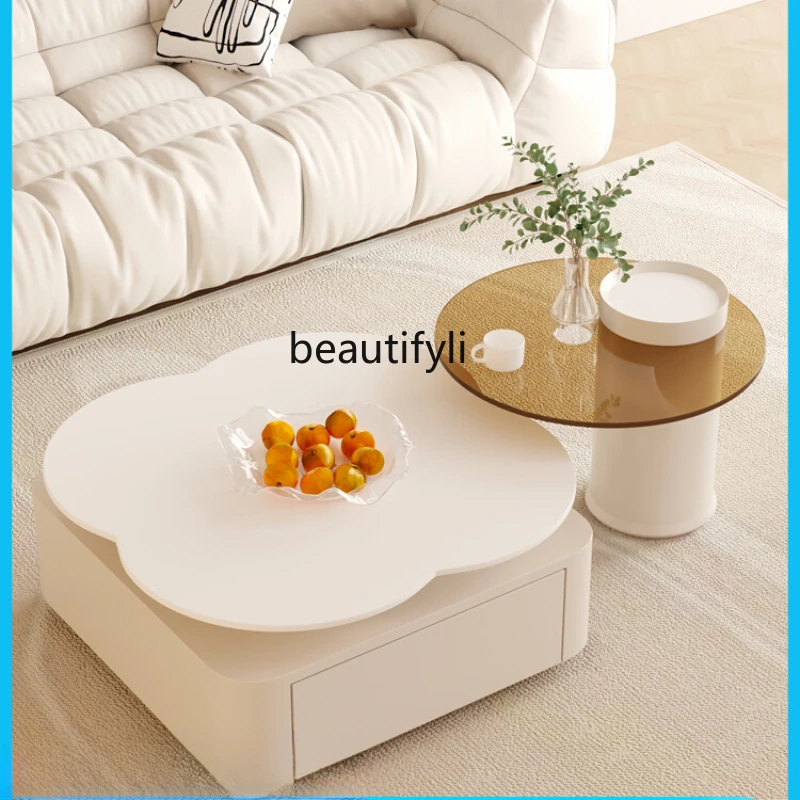 Cream Style Stone Plate Flower Coffee Table Simple Modern Light Luxury Creative Tea Table Living Room