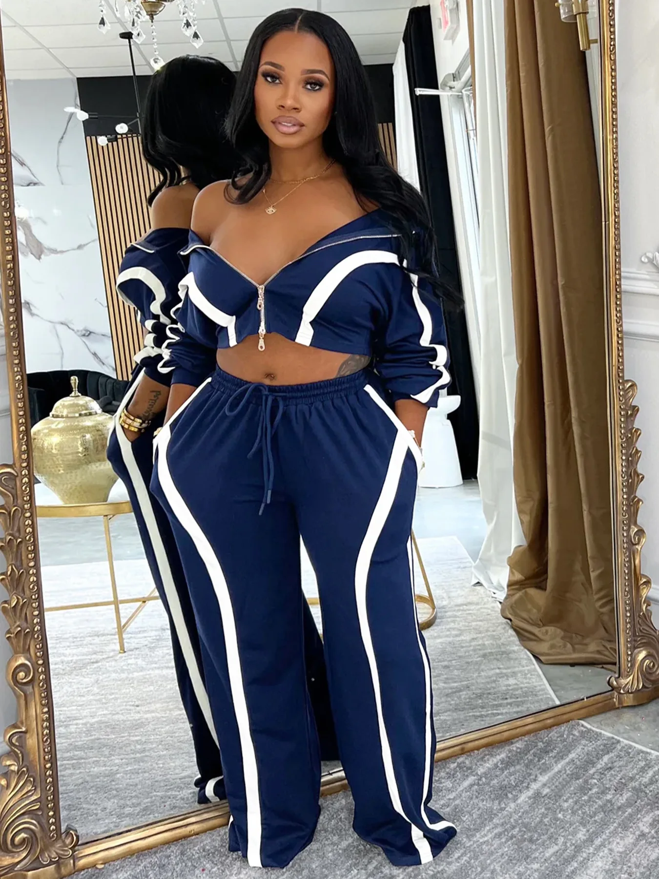 

Sisterlinda Patchwork Tracksuit 2-Piece Set Women Casual Stripe Zip Lapel Crop Jacket+Drawstring Pants Matching Sporty Outfits