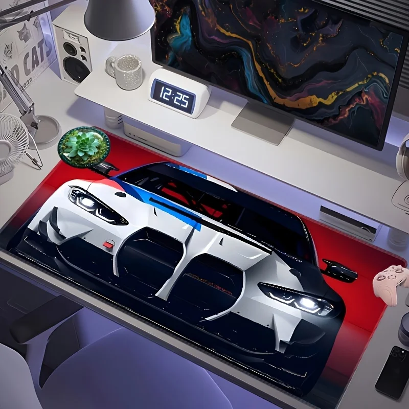 

Large non-slip rubber gaming mouse pad with vibrant racing car design - durable desk mat featuring thick stitched edges