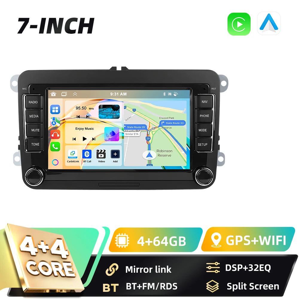 Podofo 7-Zoll Android 2Din Autoradio für VW POLO Seat Altea JATTA PASSAT GOLF mit Carplay, Android Auto, GPS-Navigation, DSP, BT, FM, RDS