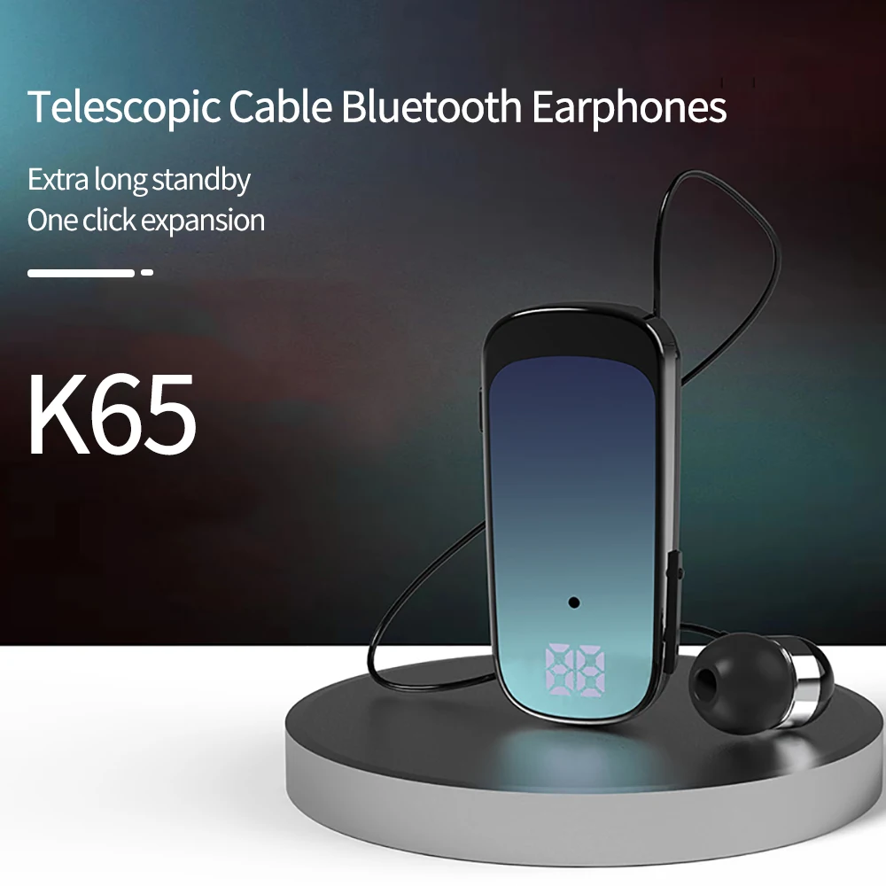 K65 Wireless Bluetooth-Compatible Headset Lavalier Retractable Cable Smart Single Ear In-ear Sport Earphone Led Digital Display