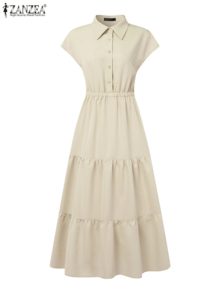 Zanzea moda 2025 verão em camadas midi vestidos sólidos feminino elegante turn-down colarinho camisa manga boné a linha robes femme