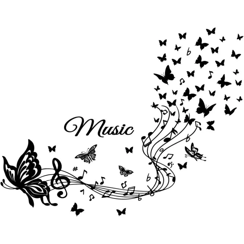 Music Notes Pentatonic Wall Sticker Black Butterflies Removable Vinyl Wall Stickers for Classroom Kids Music Studio Dance Room