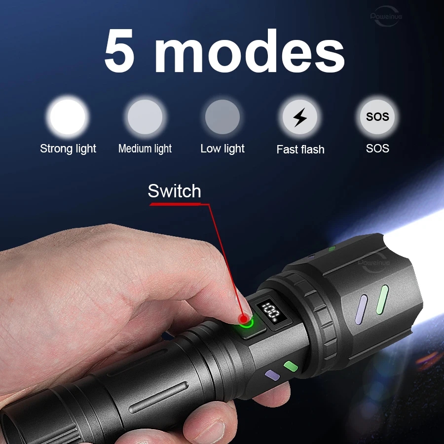 200000LM Tactical Firestarter Flashlight High Power Led Flashlight Type-C Rechargeable Torch Laser Pointer For Outdoor Camping