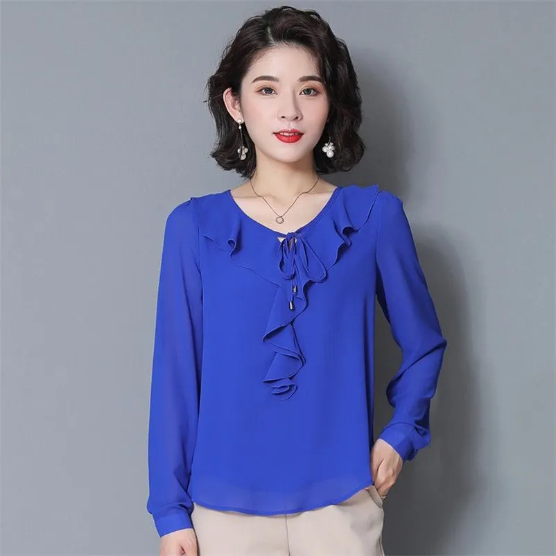 10 Colors Chiffon Women Summer Tops New Autumn O-Neck Solid Ruffles Tops Loose Ladies Office Blouse Shirts