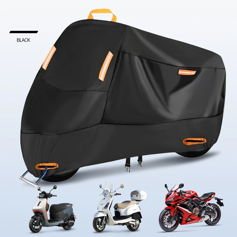 

210D Motorcycle Cover Heavy Duty All Season Waterproof Outdoor Scooter Cover with 4 Reflective Strip 2 Lock-Hole 1 Handle