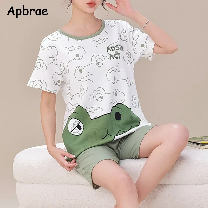 Apbrae Summer Cotton Short Sleeve Pajamas for Women Cute Cartoon Pajama Fashion Sleepwear Woman Pyjamas Ladies Loungewear