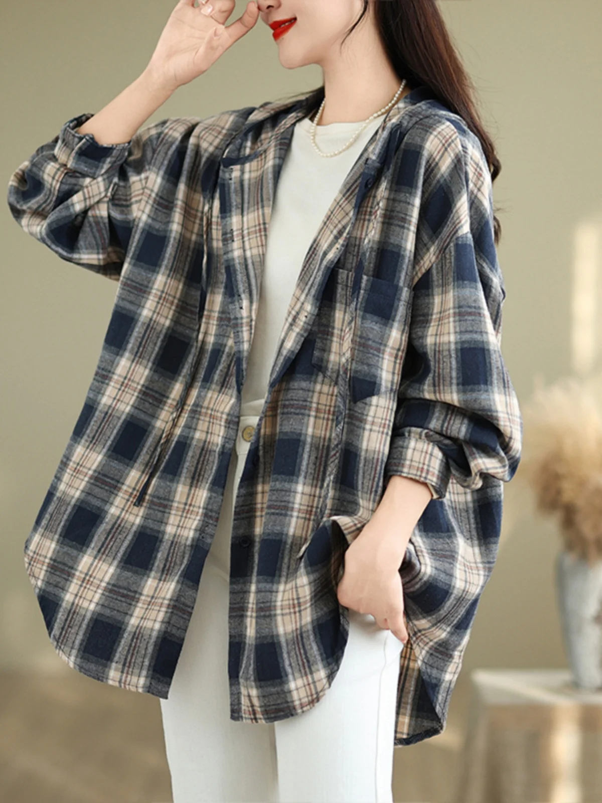 

Retro Hong Kong Sle Plaid irt Jaet Women's Spring Autumn Loose Versatile Lazy Sle Mid-Length Top Cotton Blend