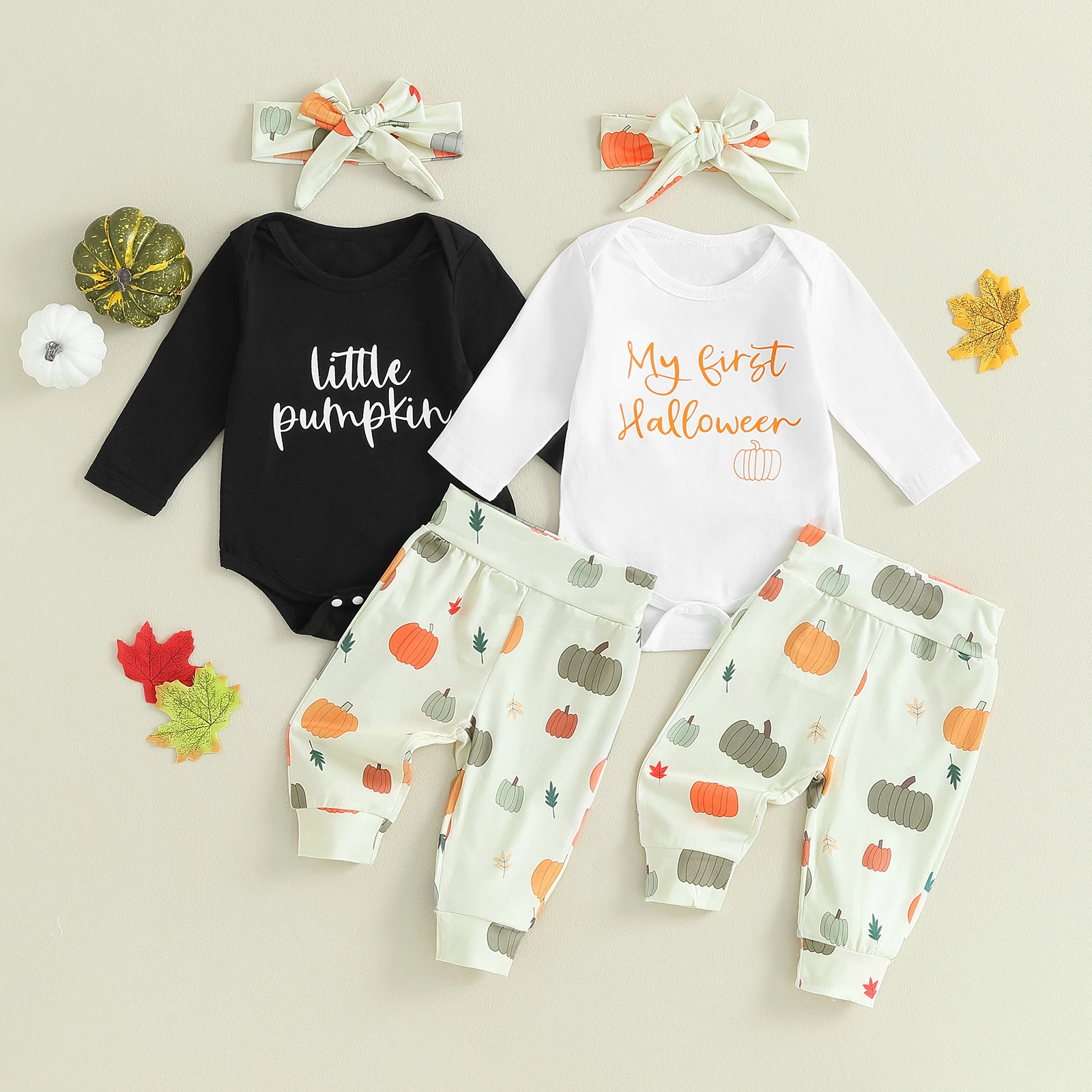 EWODOS Toddler Baby Girls 3PCS Outfit Pants Set Halloween Letter Print Long Sleeves Bodysuit Pumpkin Pants Headband Baby's Sets