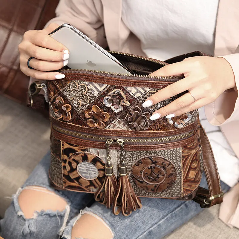 Cobbler Legend Women Bag Bohemian Genuine Leather Designer Floral Crossbody Luxury Shoulder Lady Tassels Vintage Handbags