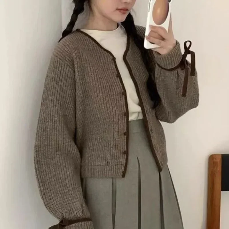 Deep Town Style Grey Knit Cardigan Young Woman Retro Casual Comfortable Sweater Harajuku Aesthetic Coat Fall