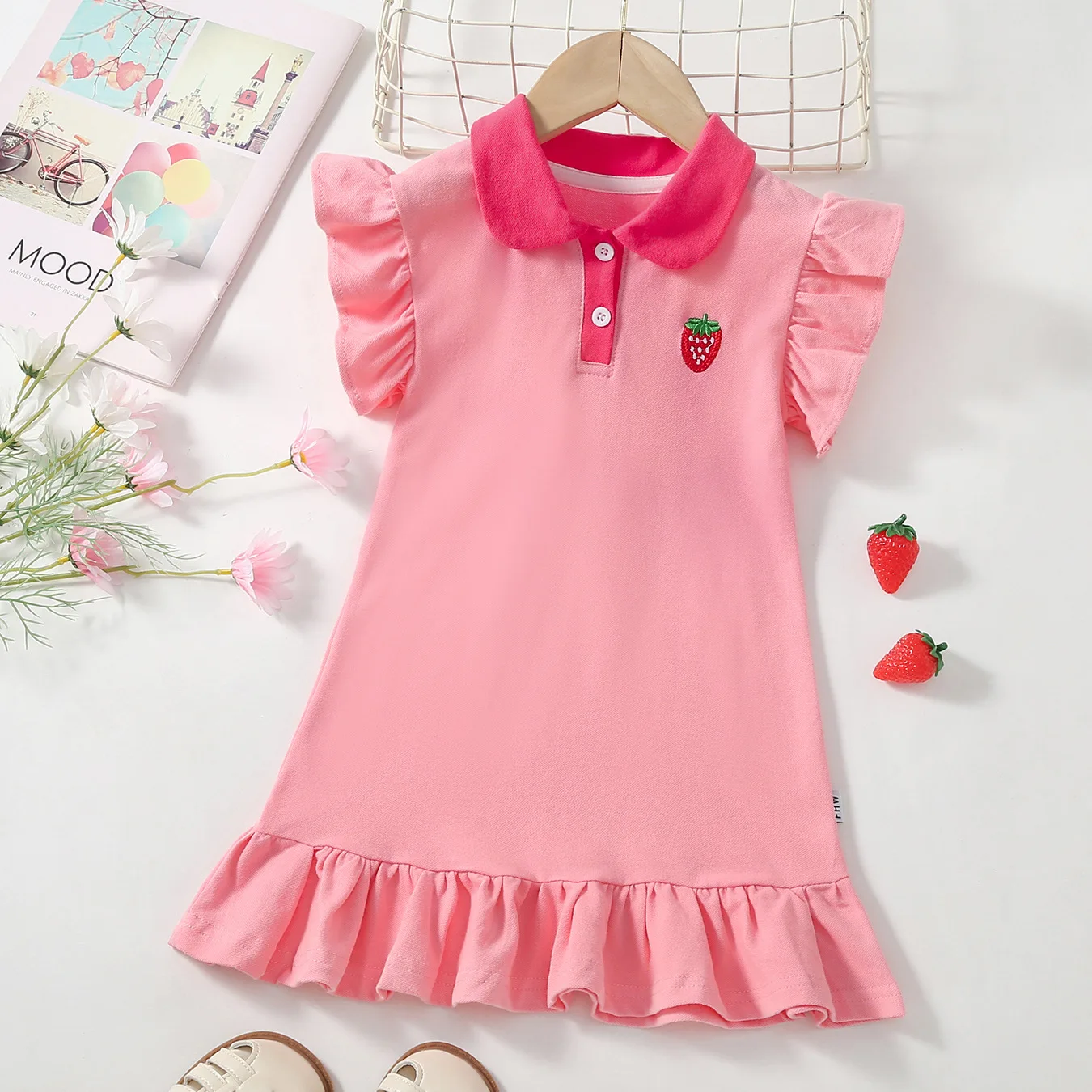 2026 Korean Dress Children Girls' Summer Lapel with Embroidery Ruffle Hem Princess Dress 1-6Y