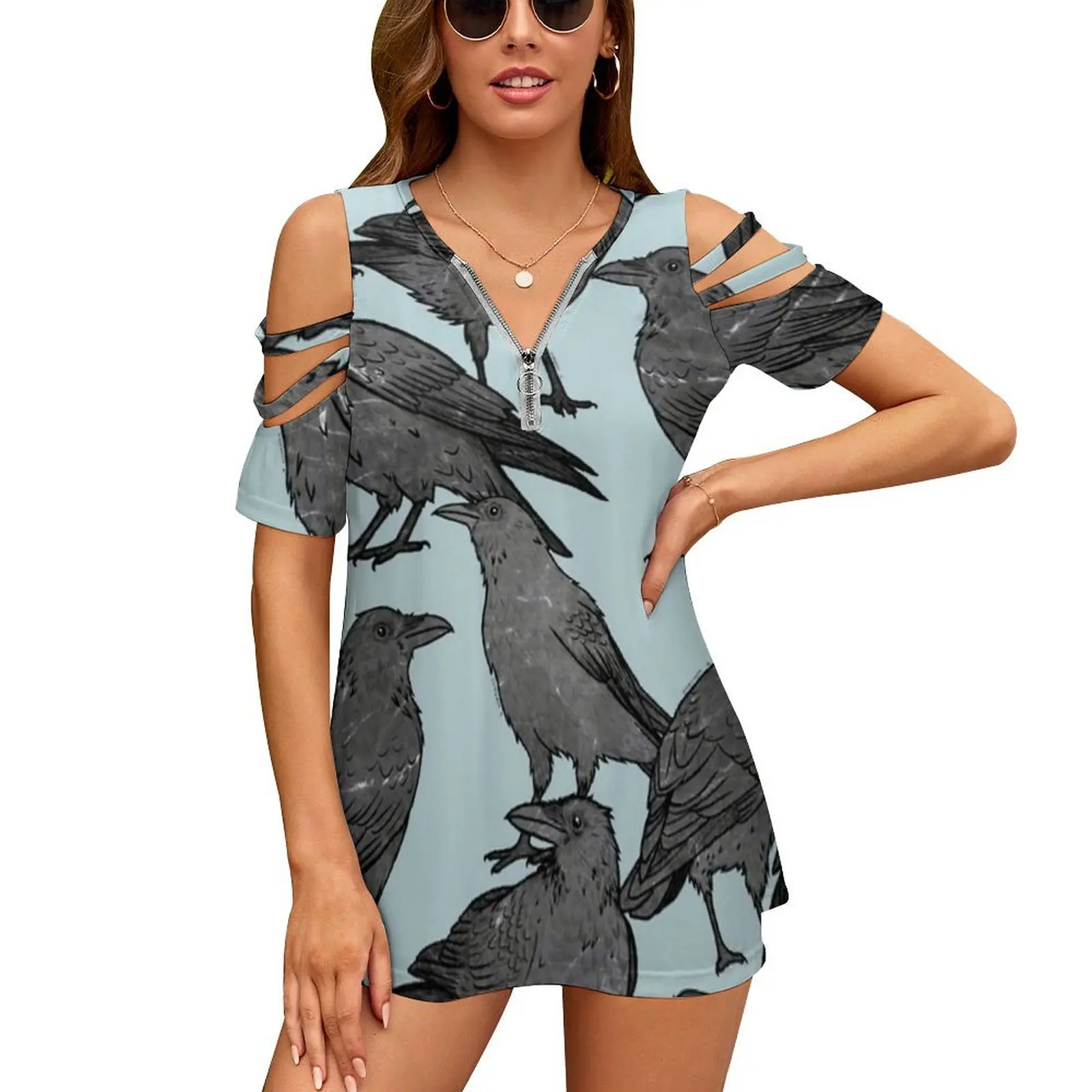 Cute Crow Pattern Women's T-Shirt Summer Fashion Print Floral V-Neck Zipper Tshirt Hollow Pullover Ladies Top Crow Crows Murder