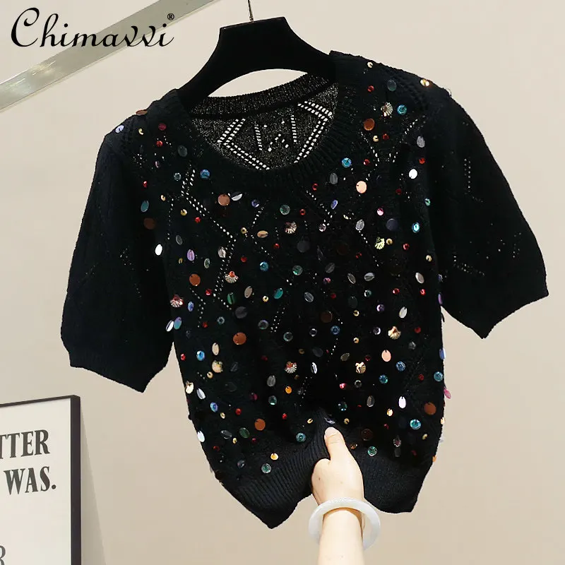 

New Korean Style Fashion Design Heavy Sequin Embellished Knit Top for Women Summer 2026, Short Sleeve Slim Fit Black Pullovers