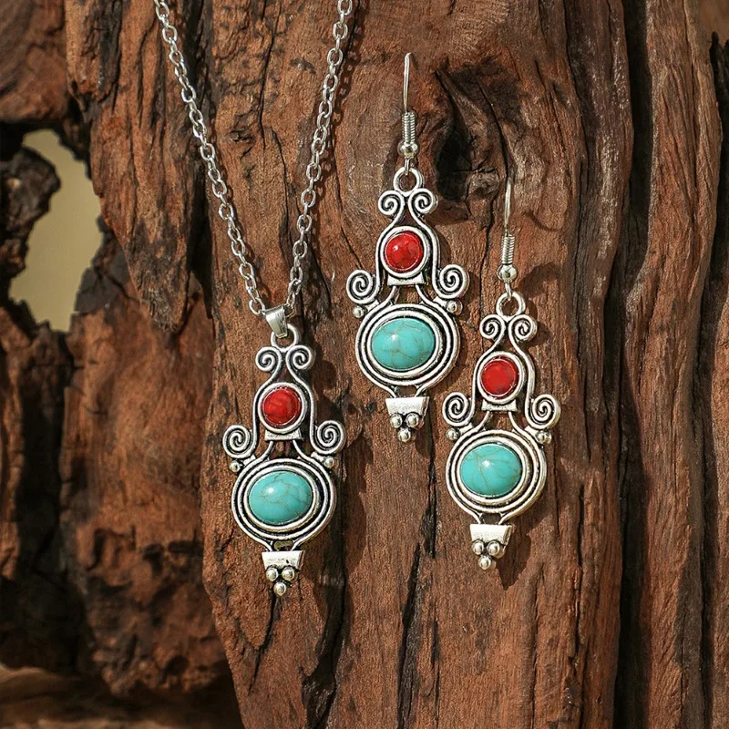 Bohemian Retro Earring Necklace Set Turquoise Teardrop Shaped Earings Pendant Necklace Multi Styles Jewelry Set for Women