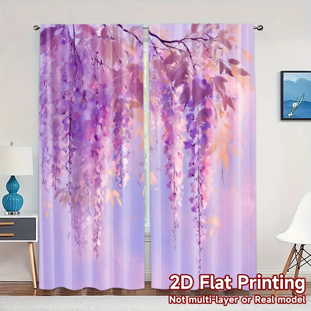 Rideaux imprimés plats 2D (sans tige), 2 pièces, rideaux chics glycine Bliss Chic en Polyester, faciles à installer, décor de salle