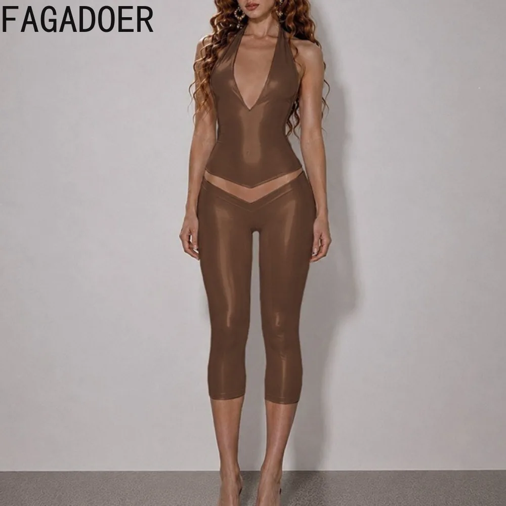 FAGADOER Women Metallic Two Piece Set Halter Deep V Top Low Rise Capri Pants Sexy Bodycon Y2K Party Clubwear Outfit - view 2