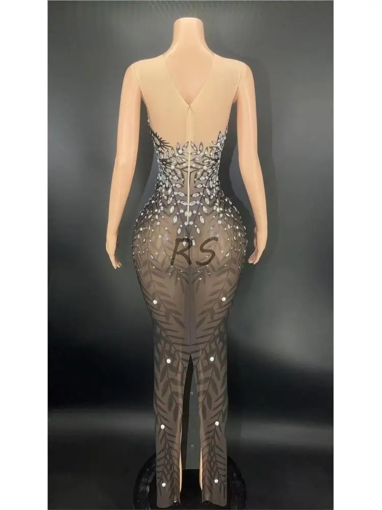 Vestido largo con diamantes de imitación para mujer, brillante vestido sin mangas, malla transparente, ropa de escenario para fiesta de noche y cumpleaños