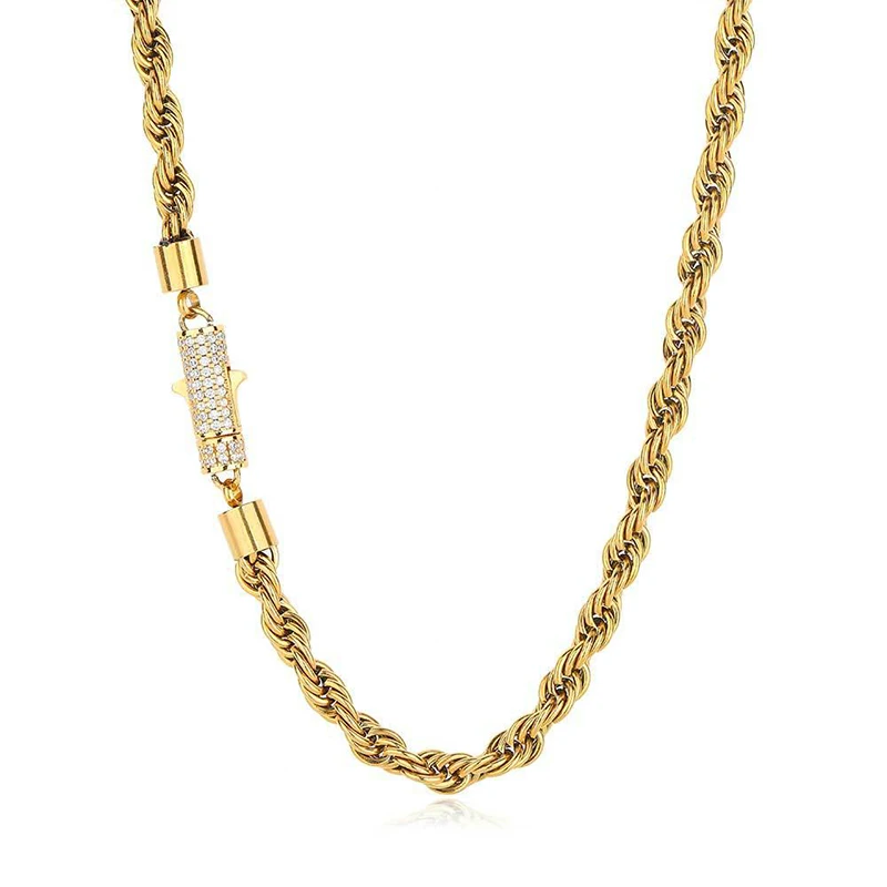 6mm Titanium Steel Twist Rope Chain Link Necklaces for Men Women Unisex Hip Hop Bling Iced Out Rock jewelry Gold Silver Color