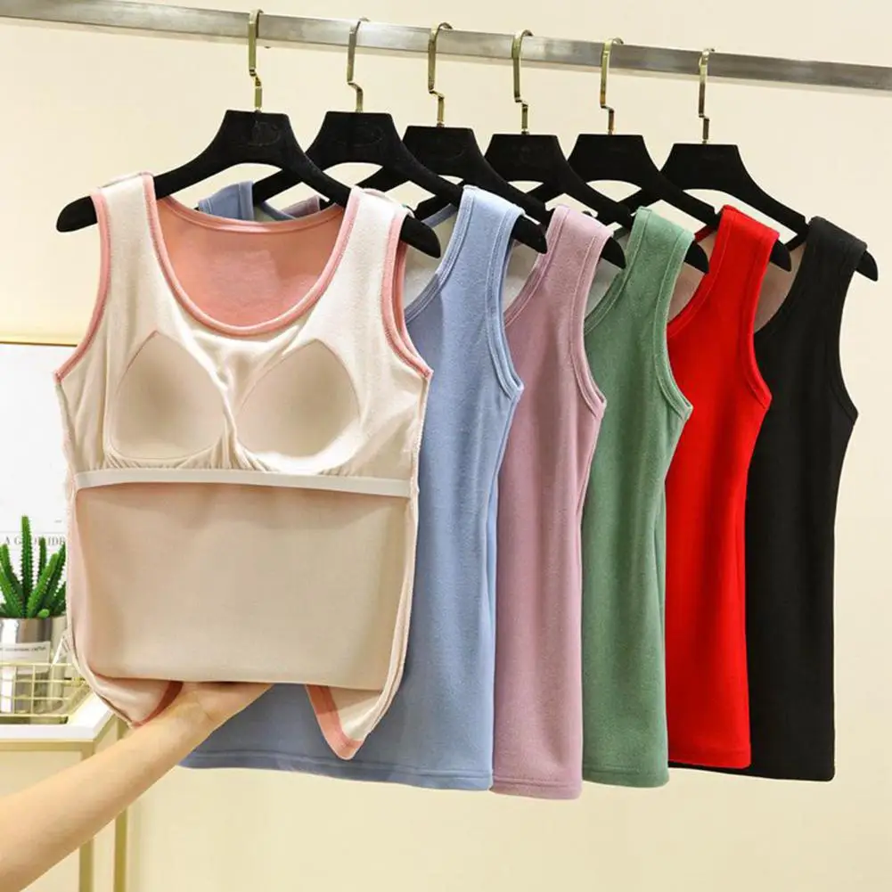 

Women Thermal Vest Solid Color Tank Top with Chest Pads High Elasticity Thermal Underwear Comfortable Thermal Vest for Women