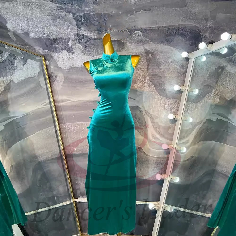 Dança latina adulto crianças vestido high-end personalizado longo veludo cheongsam fenda precisamente tango roupas femininas