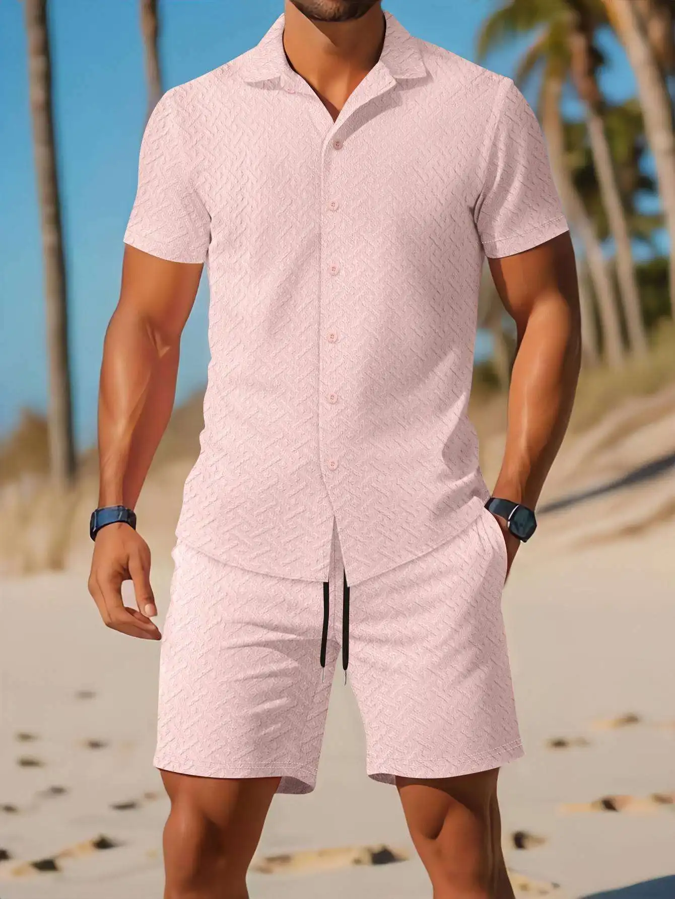 

2026 New Summer Men's Casual Daily Outdoor Travel Solid Color Jacquard Collar Short Sleeve Shirt Drawstring Shorts Two Piece Set