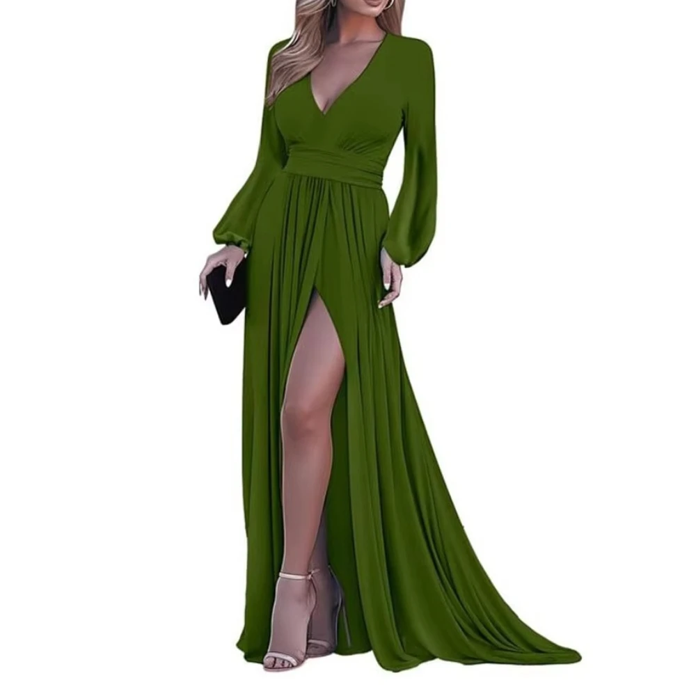 

Long Sleeved Chiffon V-neck Evening Dresses Pleat Side Slit Dress Exquisite High Quality Prom Party Gowns for Women Customized