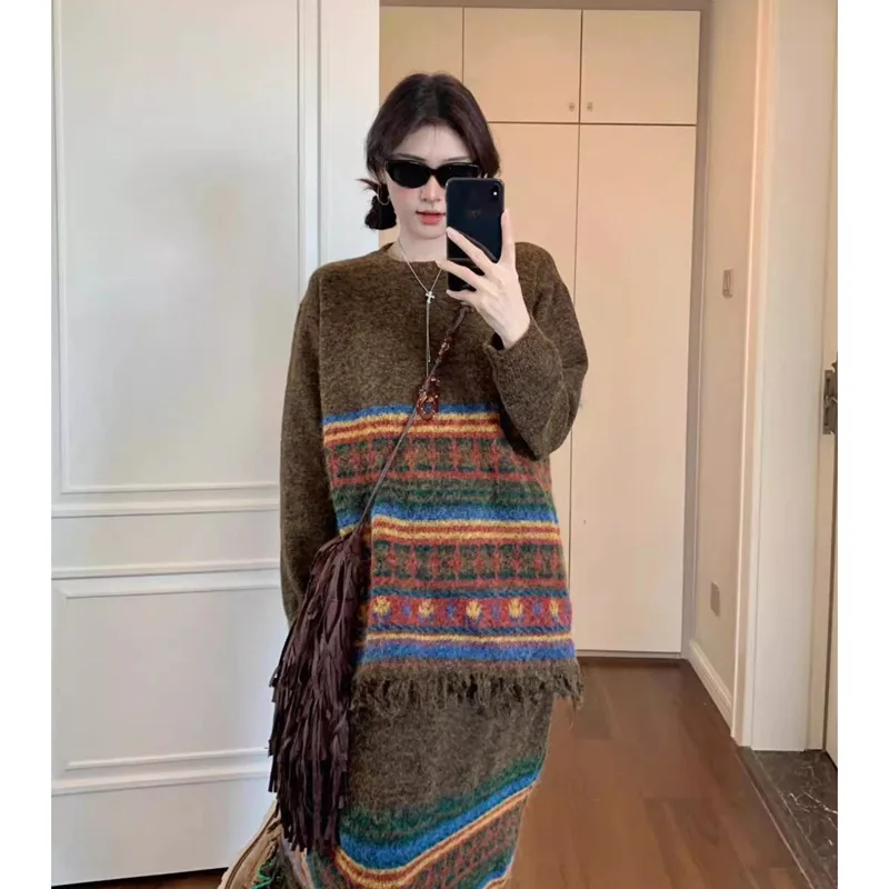 

Vintage Knitting Two Piece Set Women Autumn and Winter Loose Stripe Tassel Sweater Pullover High Waist Skirts Woman Outfit