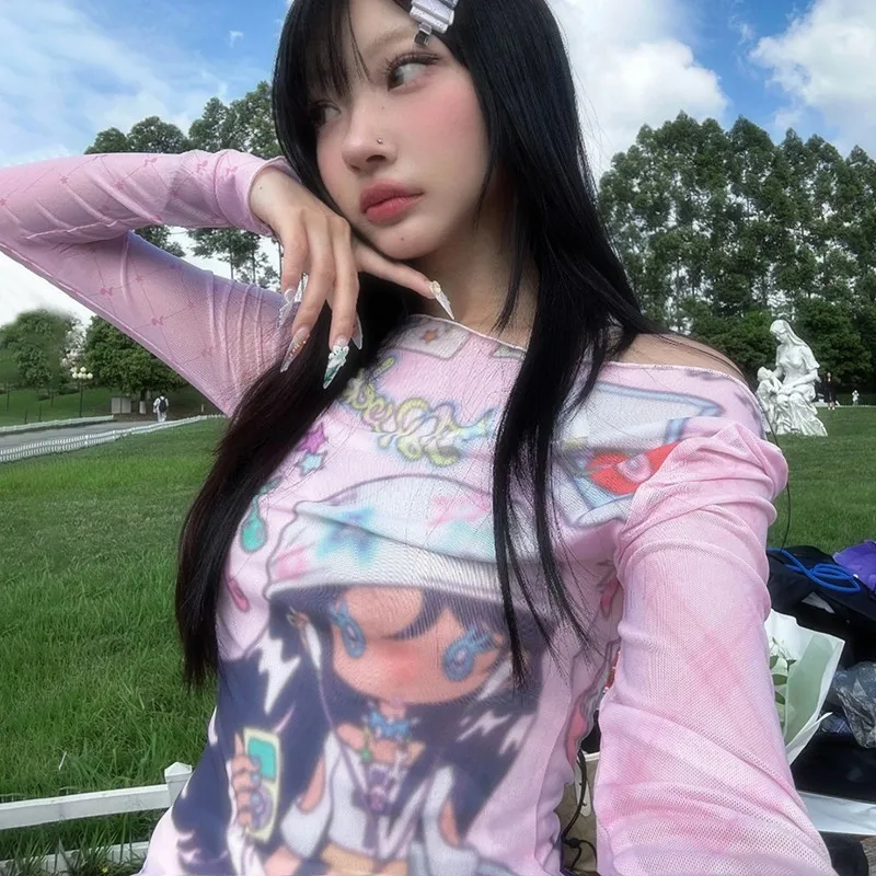 Karrram Japanese Y2k Anime Print Mesh Tops 2000s Aesthetics Pink Sheer Top Vintage Harajuku Kawaii See Through T-shirt Lolita