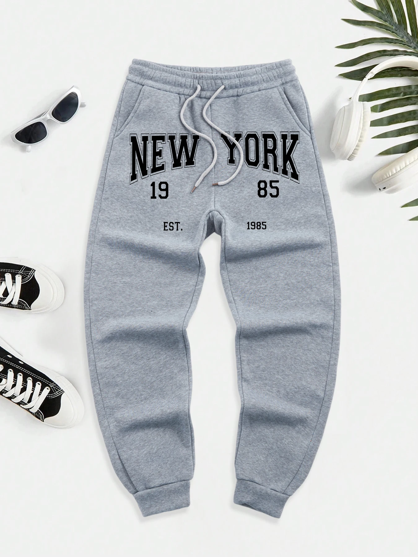 

New York 1985 Art Letter Print Man Autumn Sportpants Comfy Street Long Pant Soft Warm Britches Pocket Fleece Sweatpants Mens