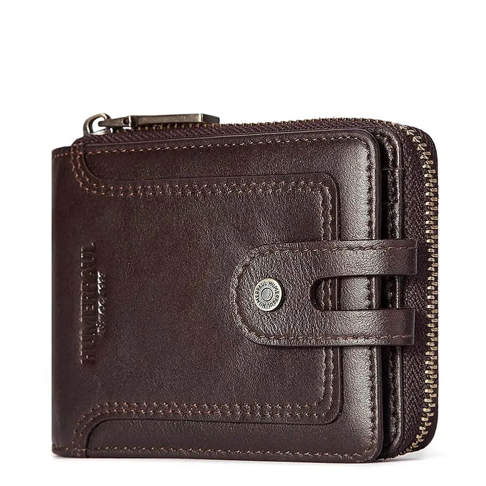 

Free ShippingZipper Wallet For Men Genuine Leather RFID Blocking Bifold Wallet for ID Window, Zip Coin Pocket and Credit Card Ho