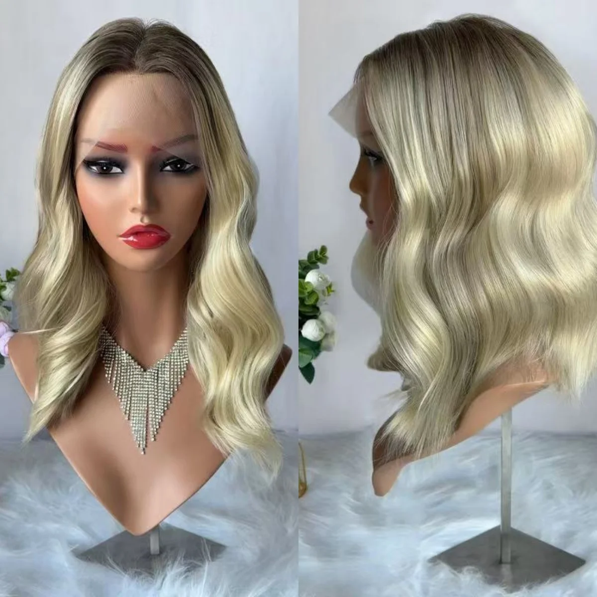 

180% высокая плотность 14 дюймов Ombre платиновый блондин синтетические кружевные фронтальные парики свободные глубокие волны повседневные вечерние парики для косплея для женщин