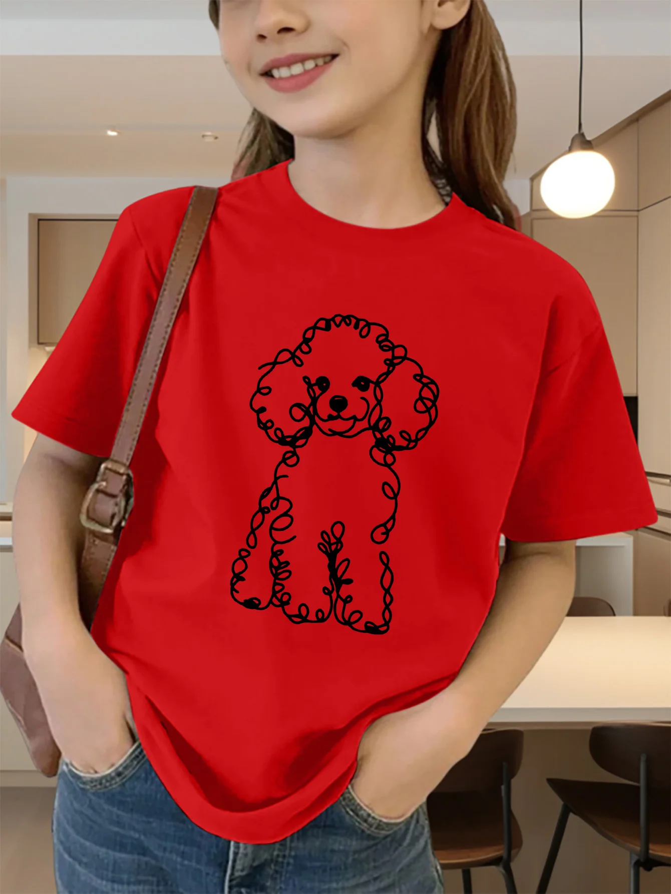 Cute Poodle Dog Line Drawing Print Graphic Kids Tee Boys Girls Family Matching Cotton Crew Neck Short Sleeve Soft Summer Tee