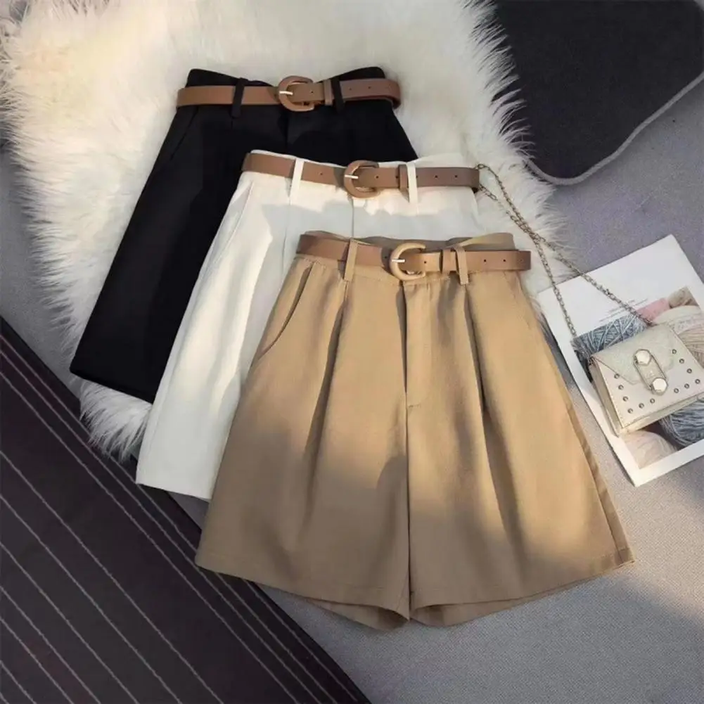 

Summer Women Suit Shorts Loose A-line OL Commute Style Knee Length Trousers Office Wear Short Pants Cargo Shorts With Belt