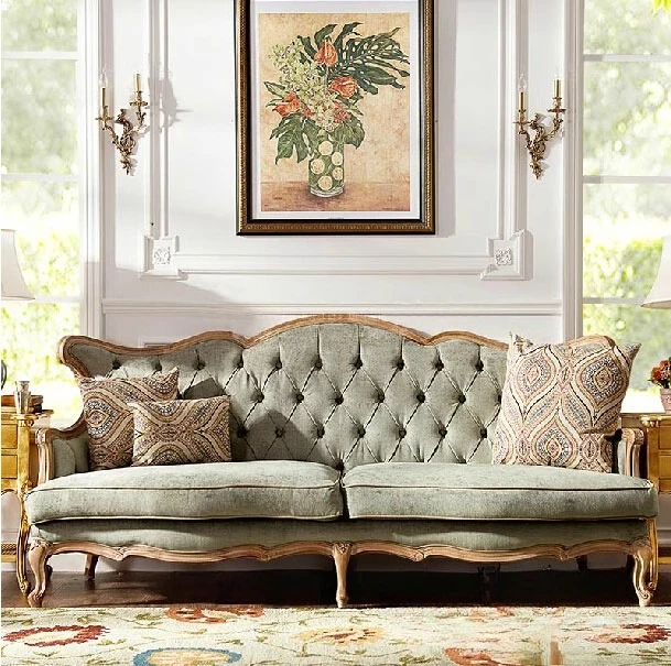 fabric three-person pull-button sofa solid wood carved vintage old sofa