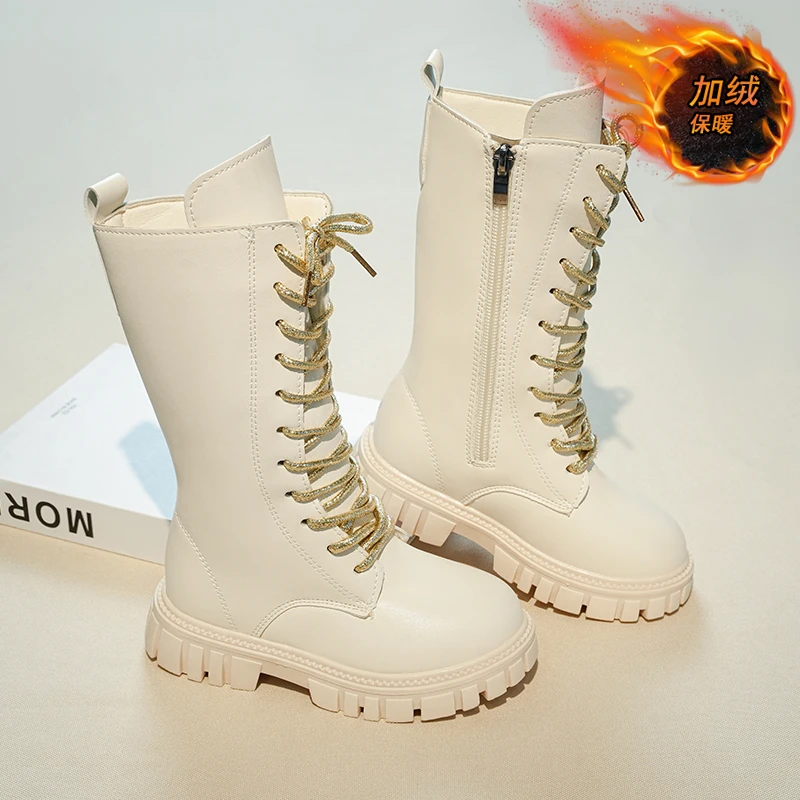 

2025 Elegant Zipper Girl Casual Fashion Boots Autumn Winter Round Toe Warm Thick Sole Lace Comfortable Children's Midsole Boots