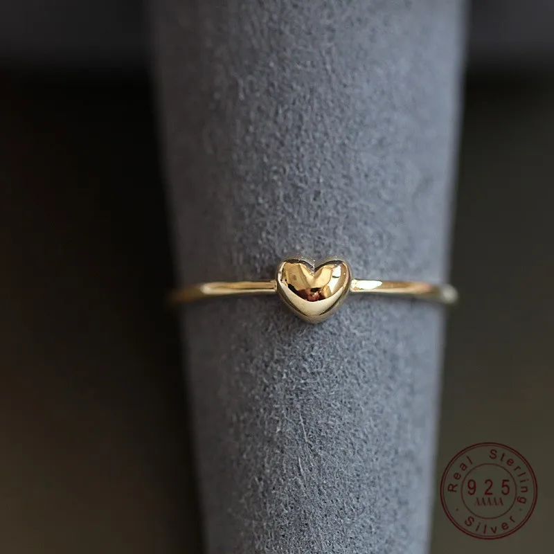 925 Sterling Silver Plated 14K Gold Prosty pierścionek z sercem dla kobiet Koreańska biżuteria na co dzień Akcesoria